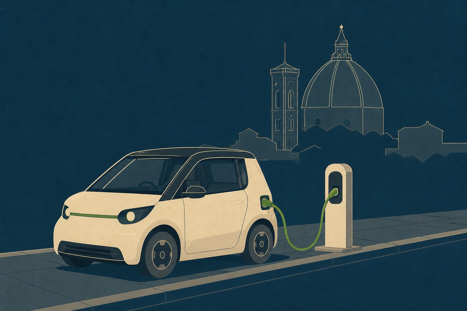 Illustrazione di un'auto elettrica in ricarica con lo skyline fiorentino